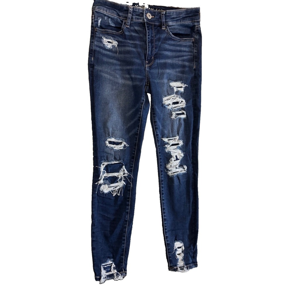 American Eagle 8R Blue Jeans Stretch Hi-Rise Jeggings Crop Destroyed Raw Hem